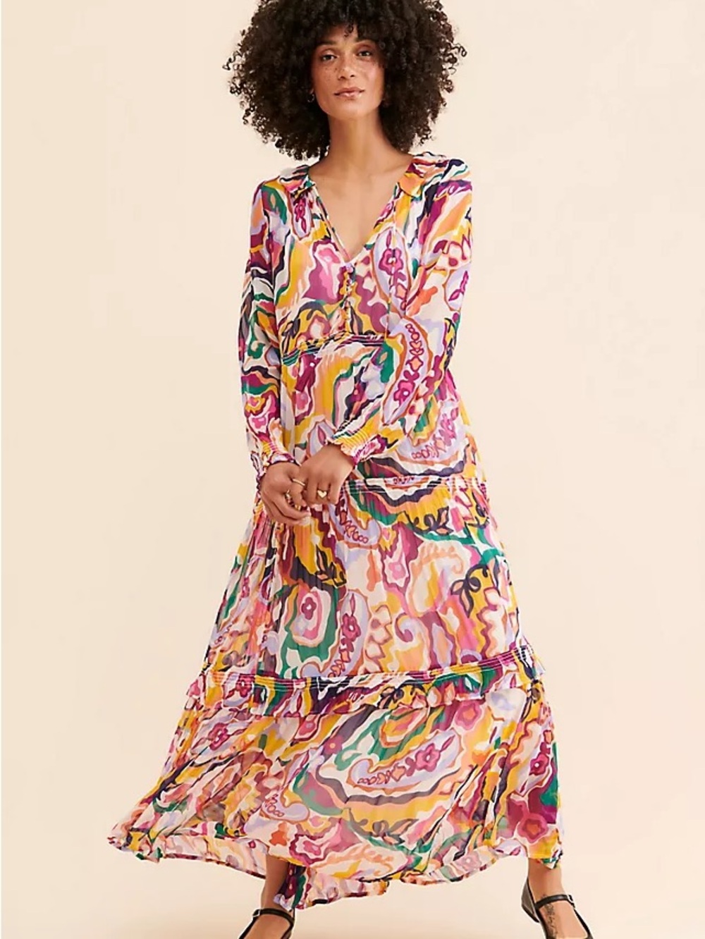 Anthropologie XL Multicolor Floral Paisley Tiered Maxi Dress